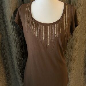 White House Black Market Brown Tee with Gold Detailing